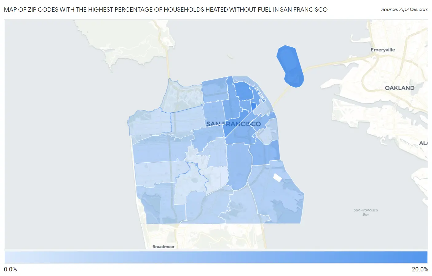 Zip Codes with the Highest Percentage of Households Heated without Fuel in San Francisco Map