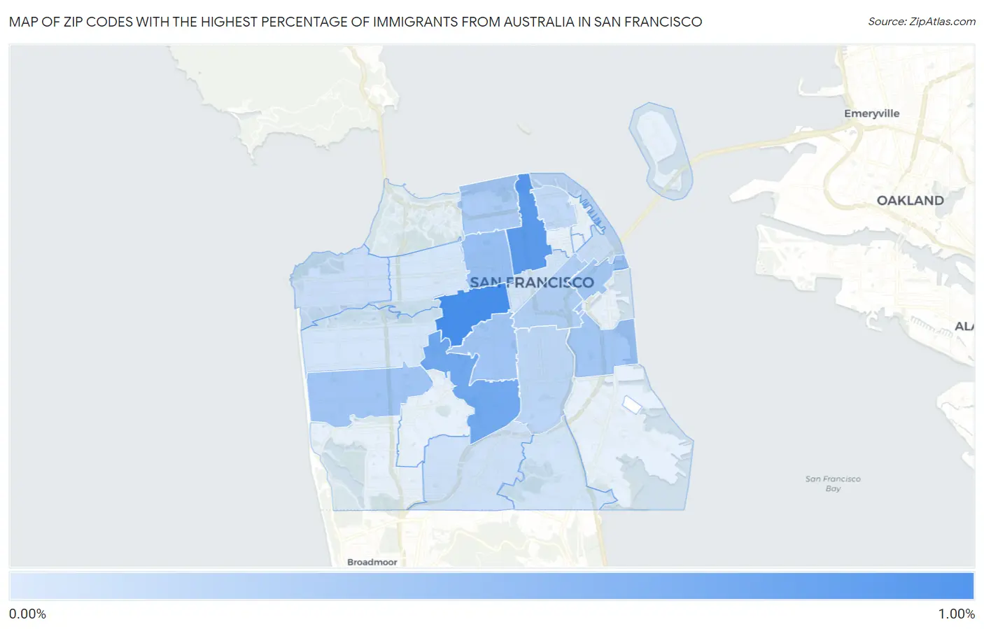 Zip Codes with the Highest Percentage of Immigrants from Australia in San Francisco Map