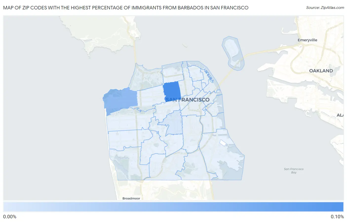 Zip Codes with the Highest Percentage of Immigrants from Barbados in San Francisco Map