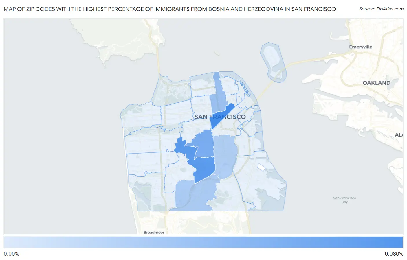 Zip Codes with the Highest Percentage of Immigrants from Bosnia and Herzegovina in San Francisco Map
