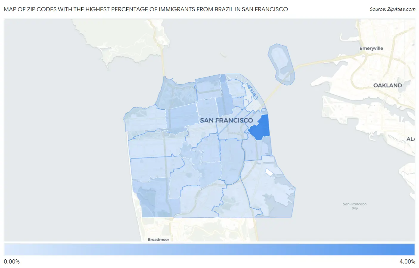 Zip Codes with the Highest Percentage of Immigrants from Brazil in San Francisco Map