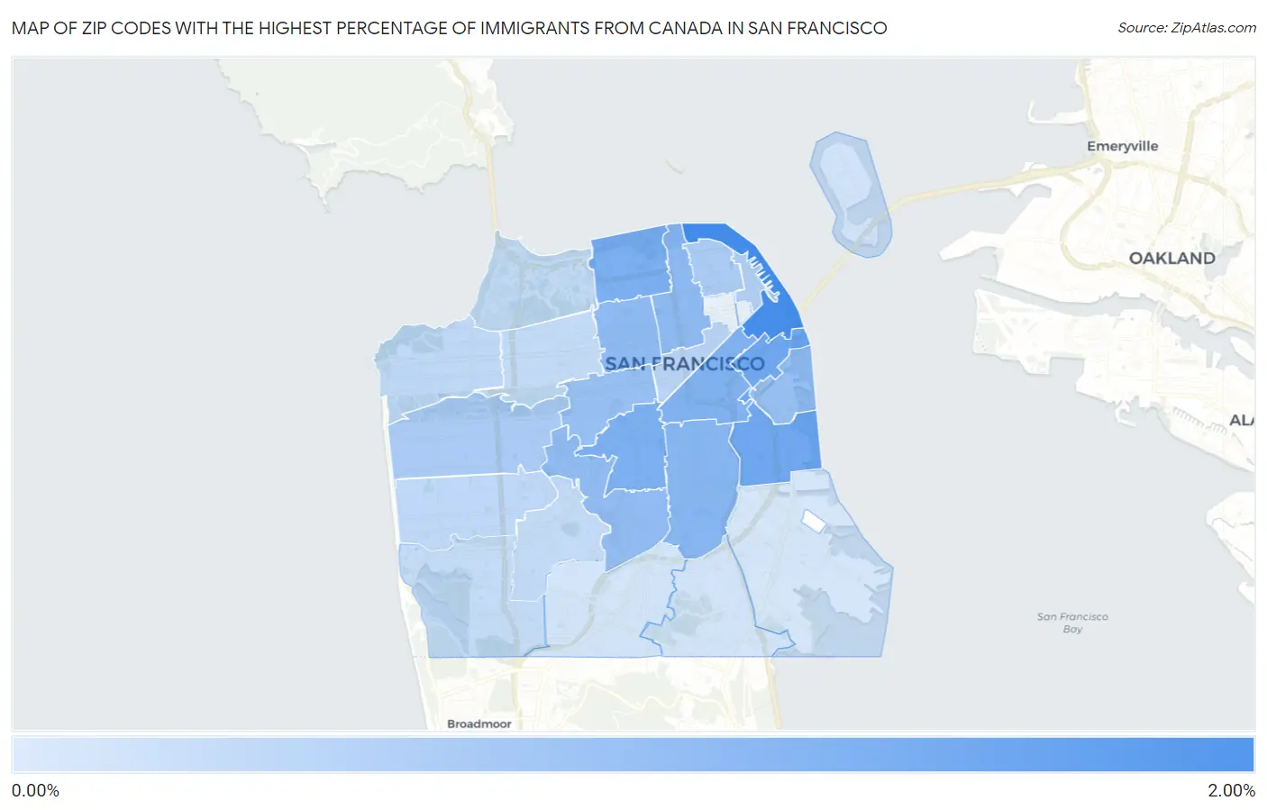 Zip Codes with the Highest Percentage of Immigrants from Canada in San Francisco Map