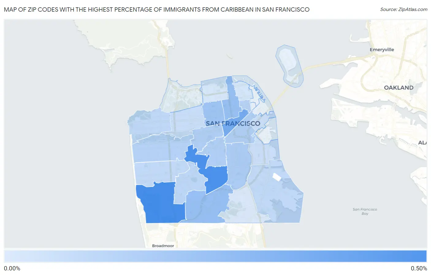 Zip Codes with the Highest Percentage of Immigrants from Caribbean in San Francisco Map