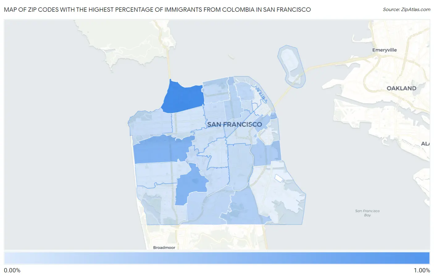 Zip Codes with the Highest Percentage of Immigrants from Colombia in San Francisco Map