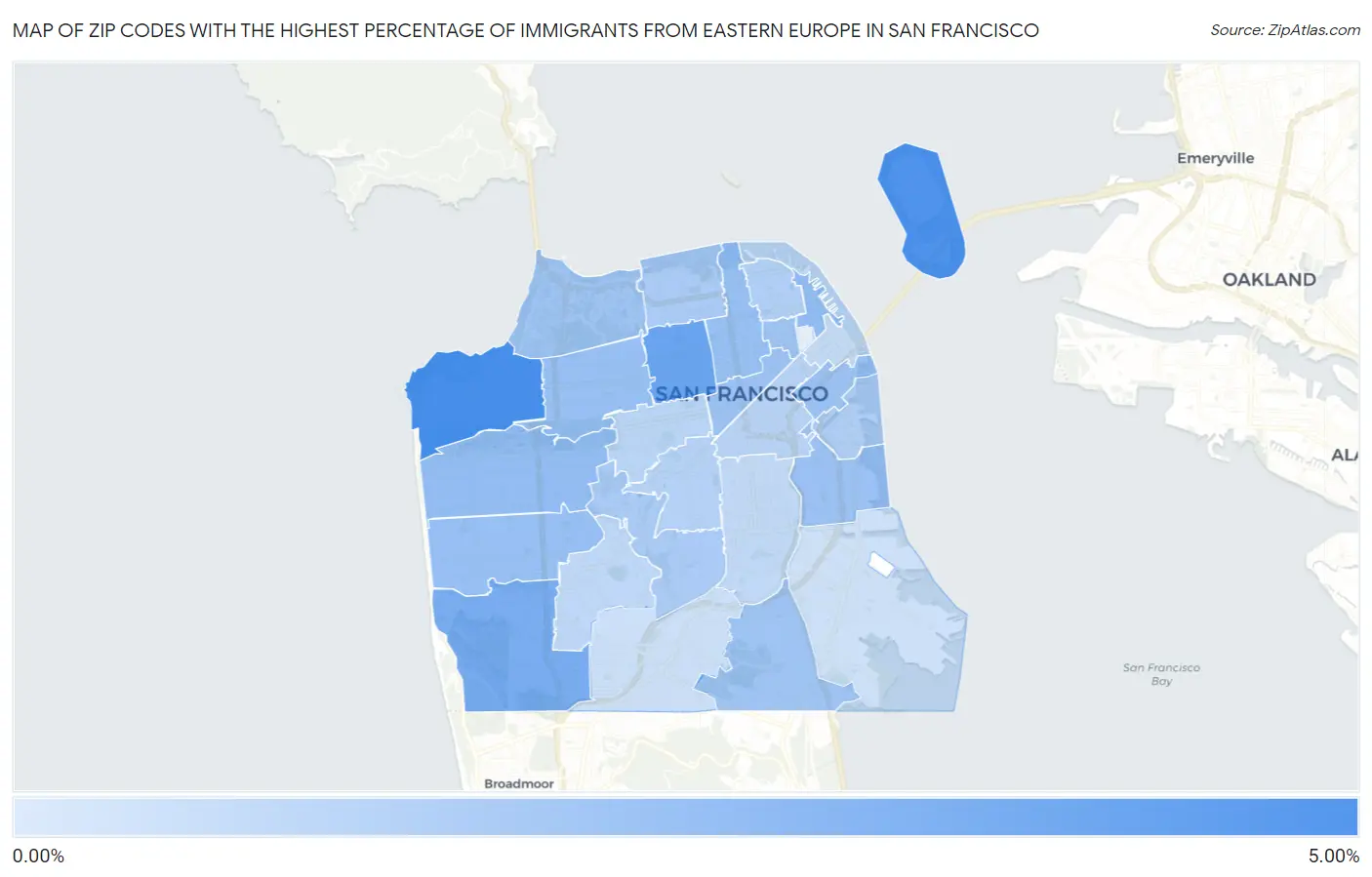 Zip Codes with the Highest Percentage of Immigrants from Eastern Europe in San Francisco Map