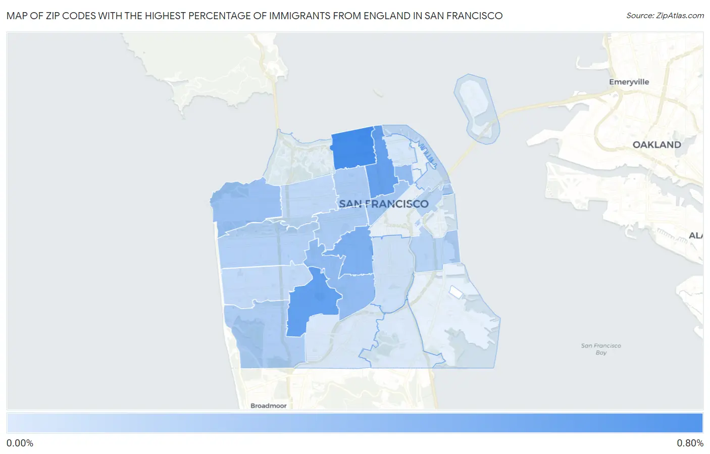 Zip Codes with the Highest Percentage of Immigrants from England in San Francisco Map