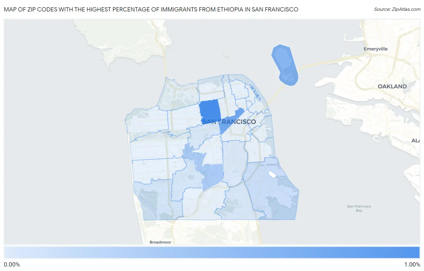 Zip Codes with the Highest Percentage of Immigrants from Ethiopia in San Francisco Map