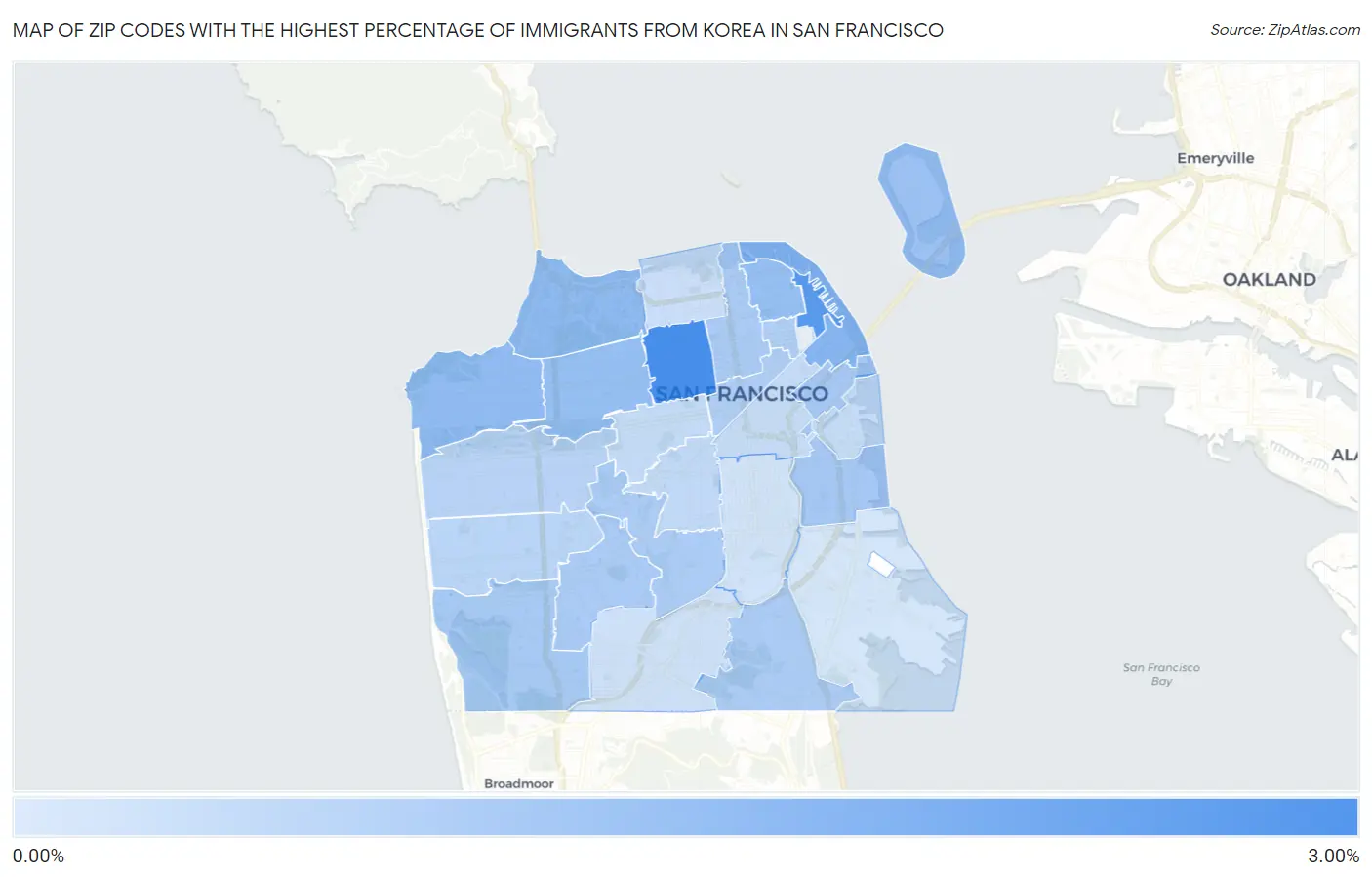 Zip Codes with the Highest Percentage of Immigrants from Korea in San Francisco Map