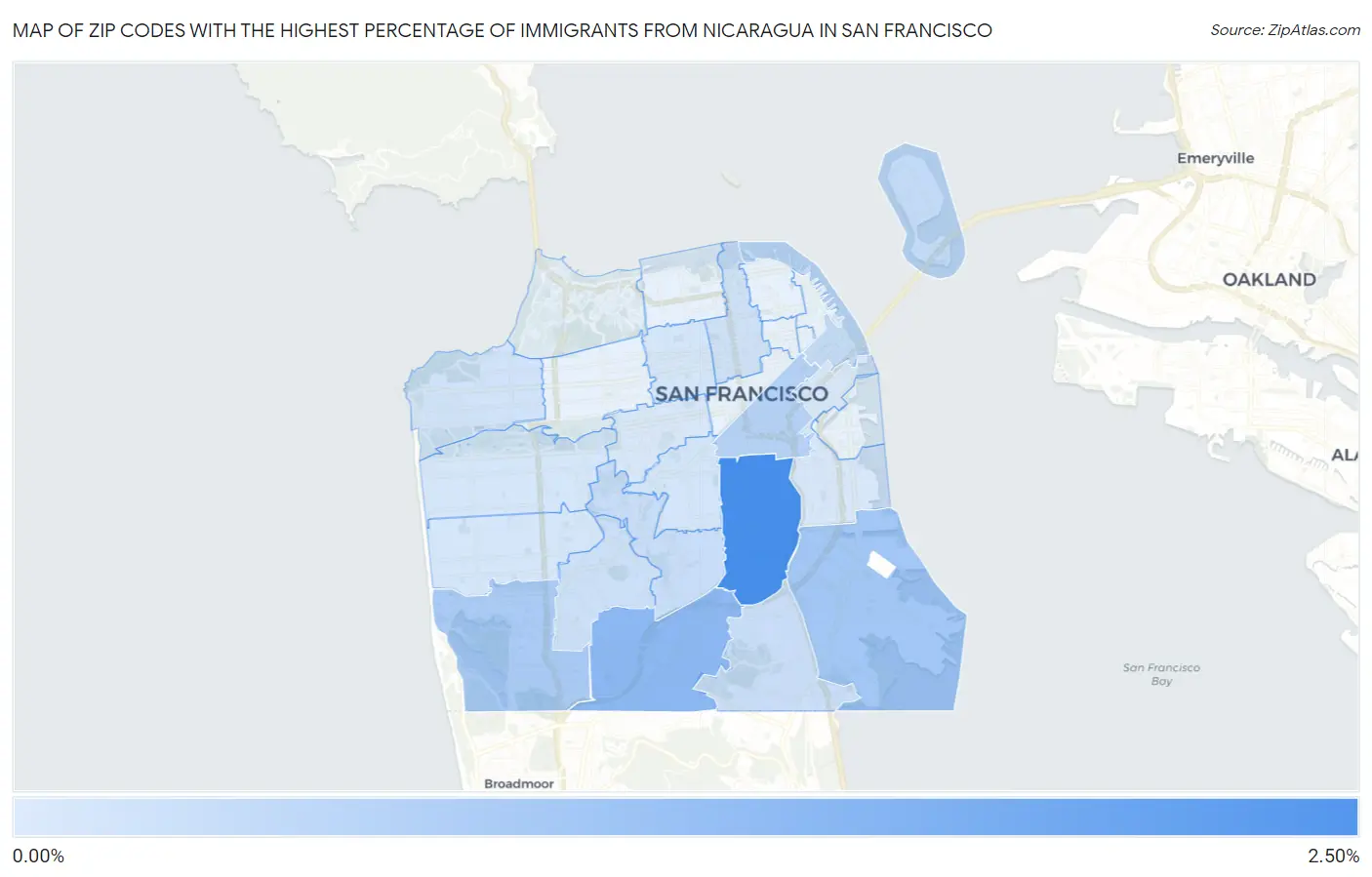 Zip Codes with the Highest Percentage of Immigrants from Nicaragua in San Francisco Map