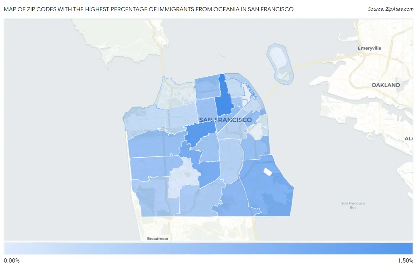Zip Codes with the Highest Percentage of Immigrants from Oceania in San Francisco Map