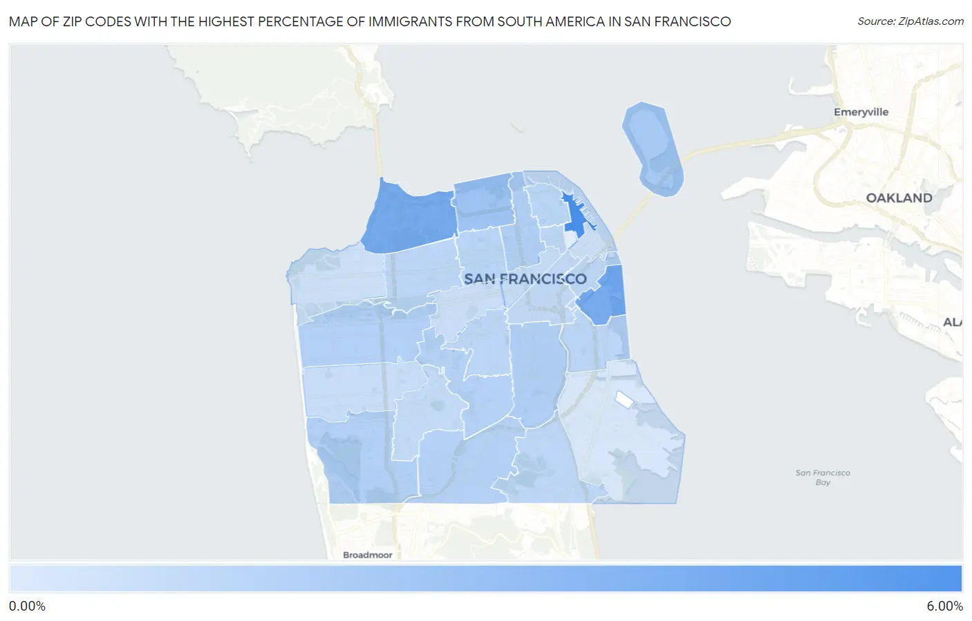 Zip Codes with the Highest Percentage of Immigrants from South America in San Francisco Map
