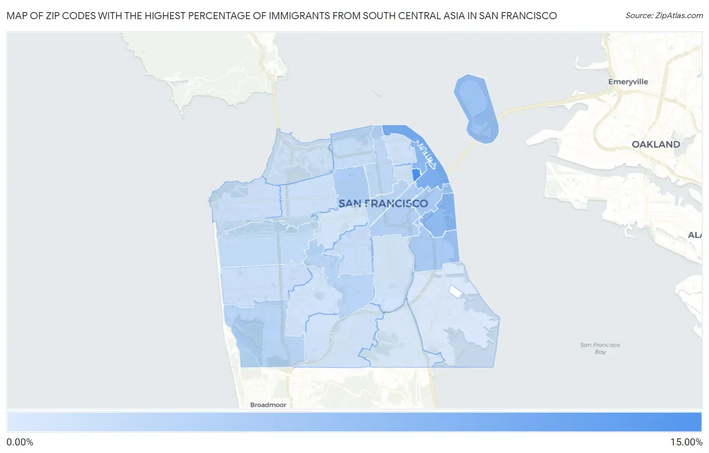 Zip Codes with the Highest Percentage of Immigrants from South Central Asia in San Francisco Map