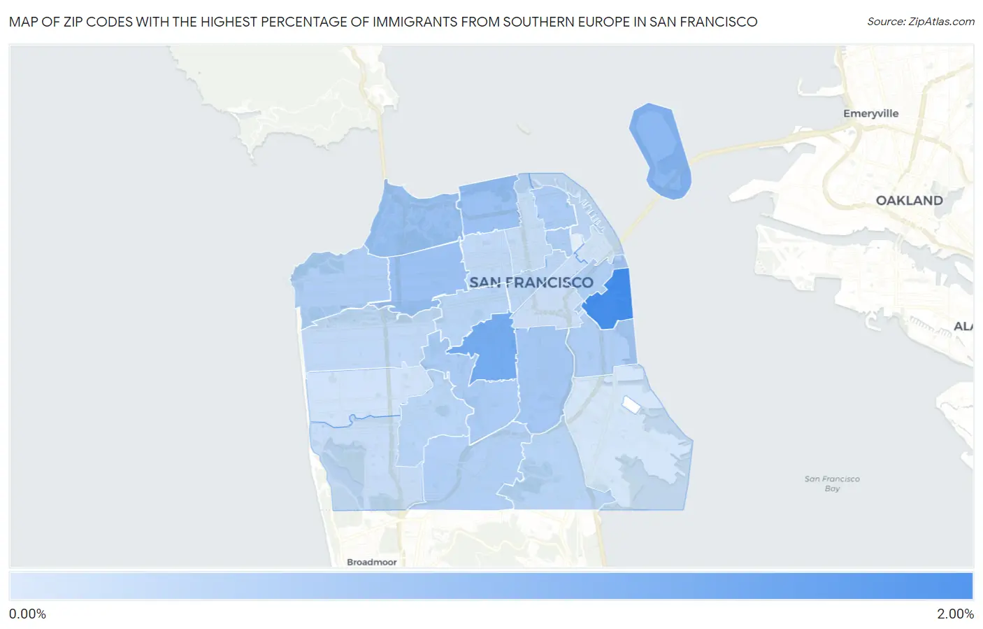 Zip Codes with the Highest Percentage of Immigrants from Southern Europe in San Francisco Map