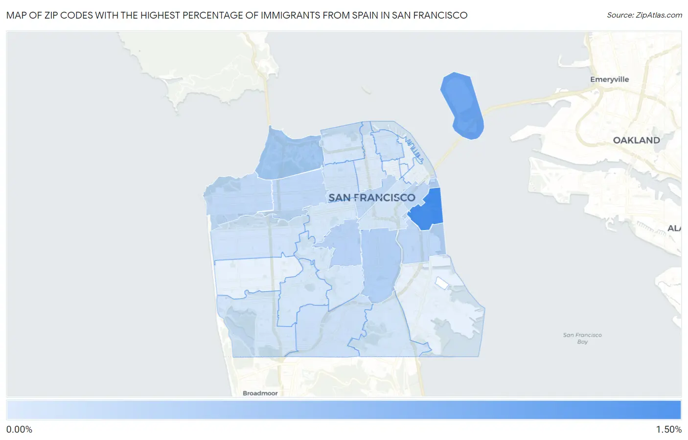 Zip Codes with the Highest Percentage of Immigrants from Spain in San Francisco Map