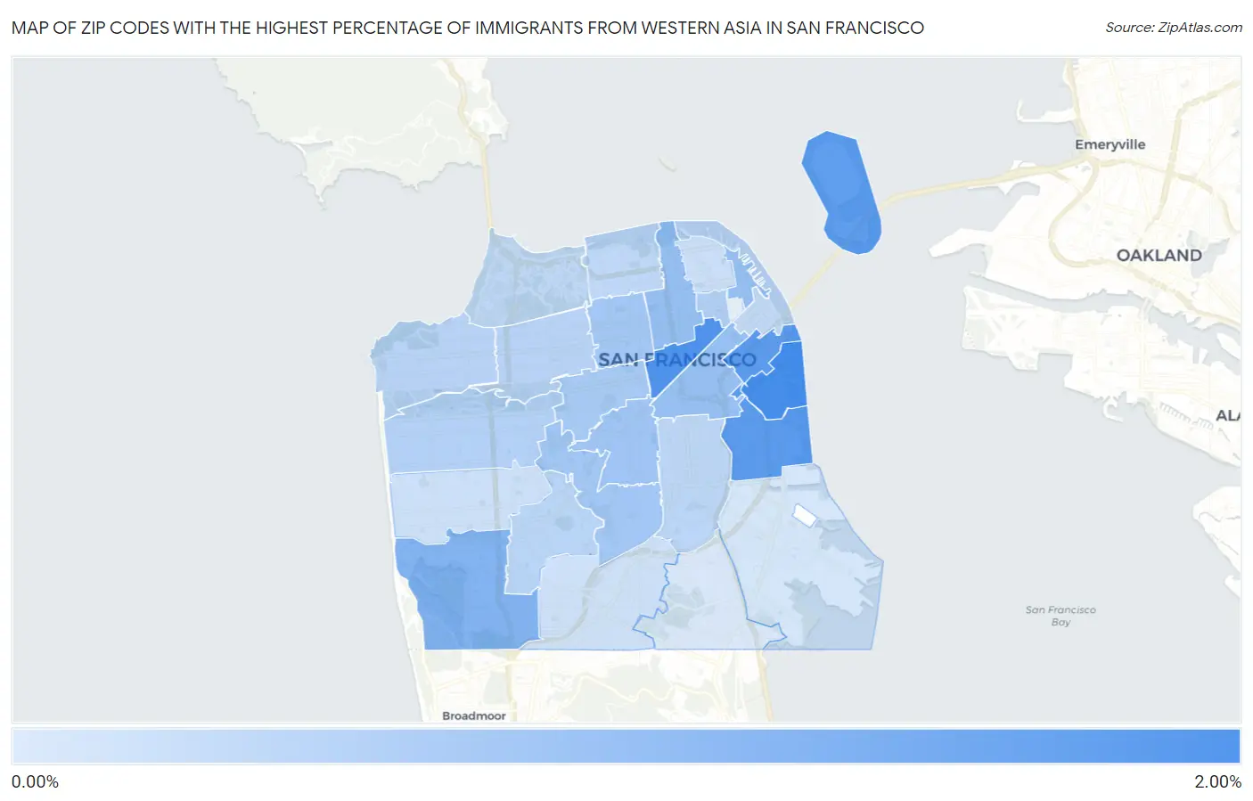 Zip Codes with the Highest Percentage of Immigrants from Western Asia in San Francisco Map