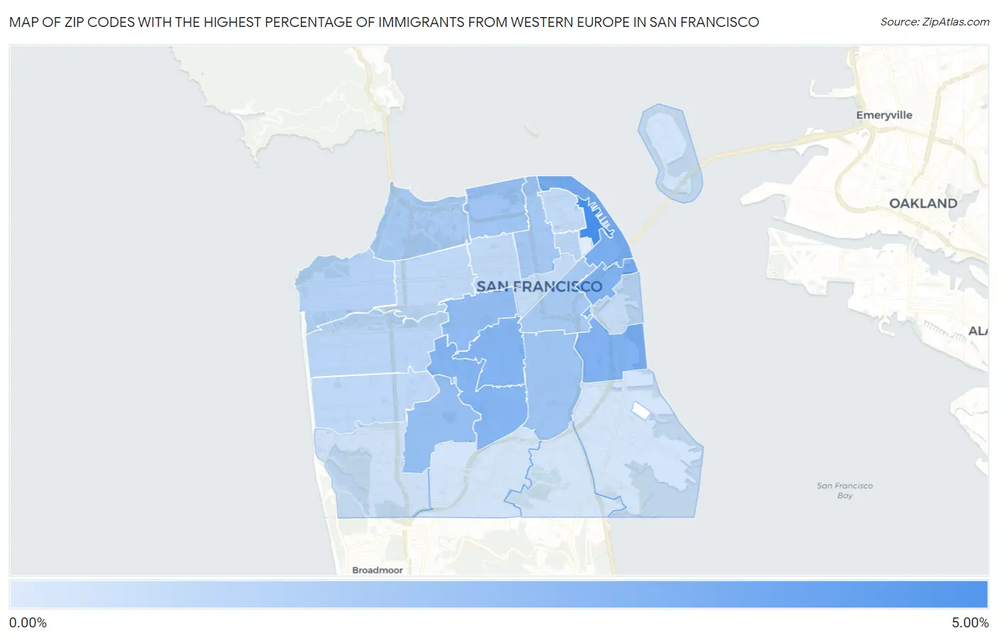 Zip Codes with the Highest Percentage of Immigrants from Western Europe in San Francisco Map