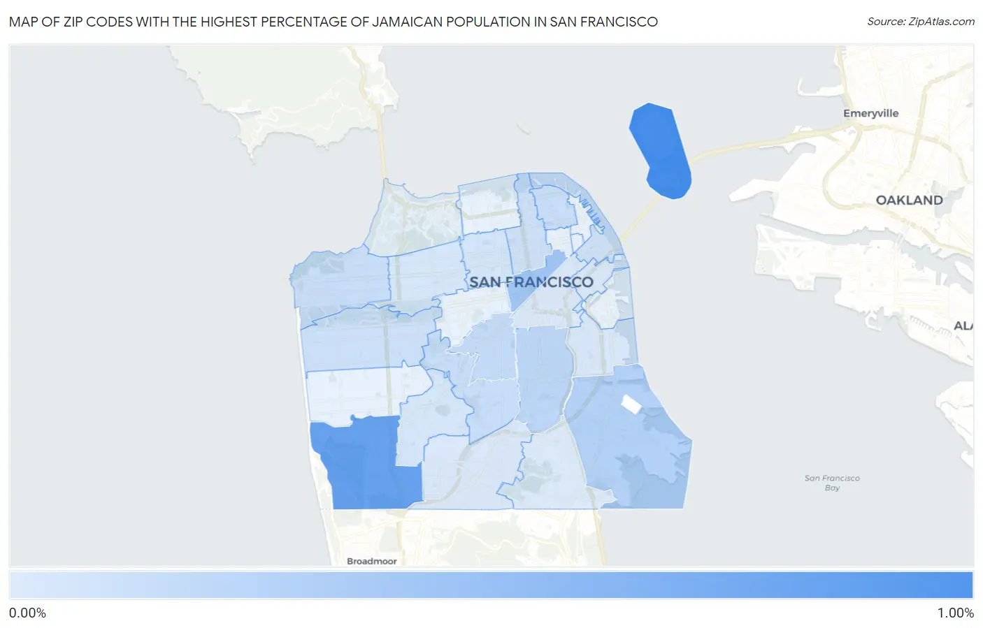 Zip Codes with the Highest Percentage of Jamaican Population in San Francisco Map