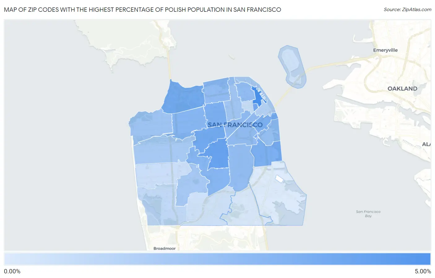Zip Codes with the Highest Percentage of Polish Population in San Francisco Map