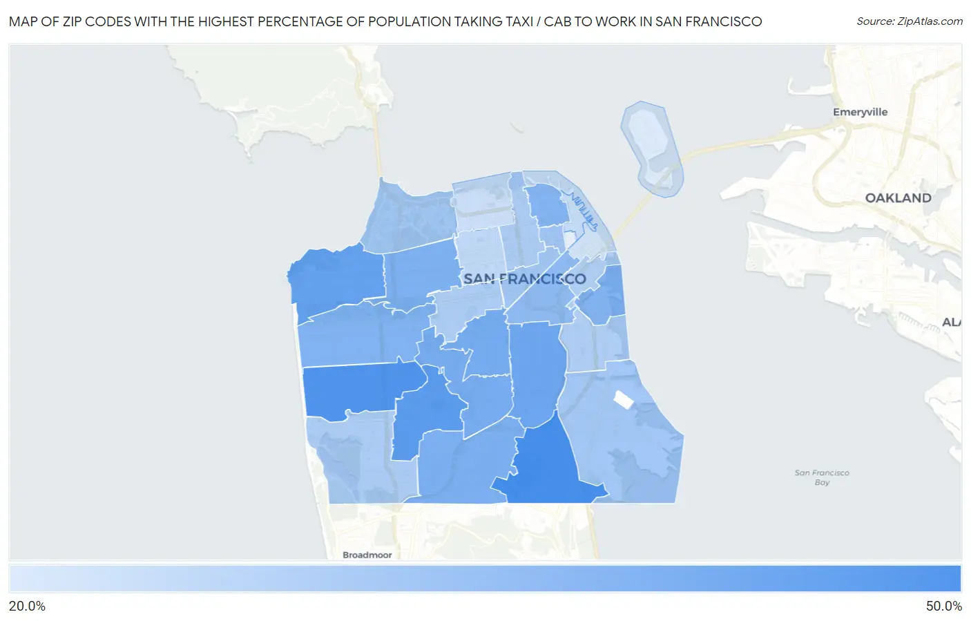 Zip Codes with the Highest Percentage of Population Taking Taxi / Cab to Work in San Francisco Map