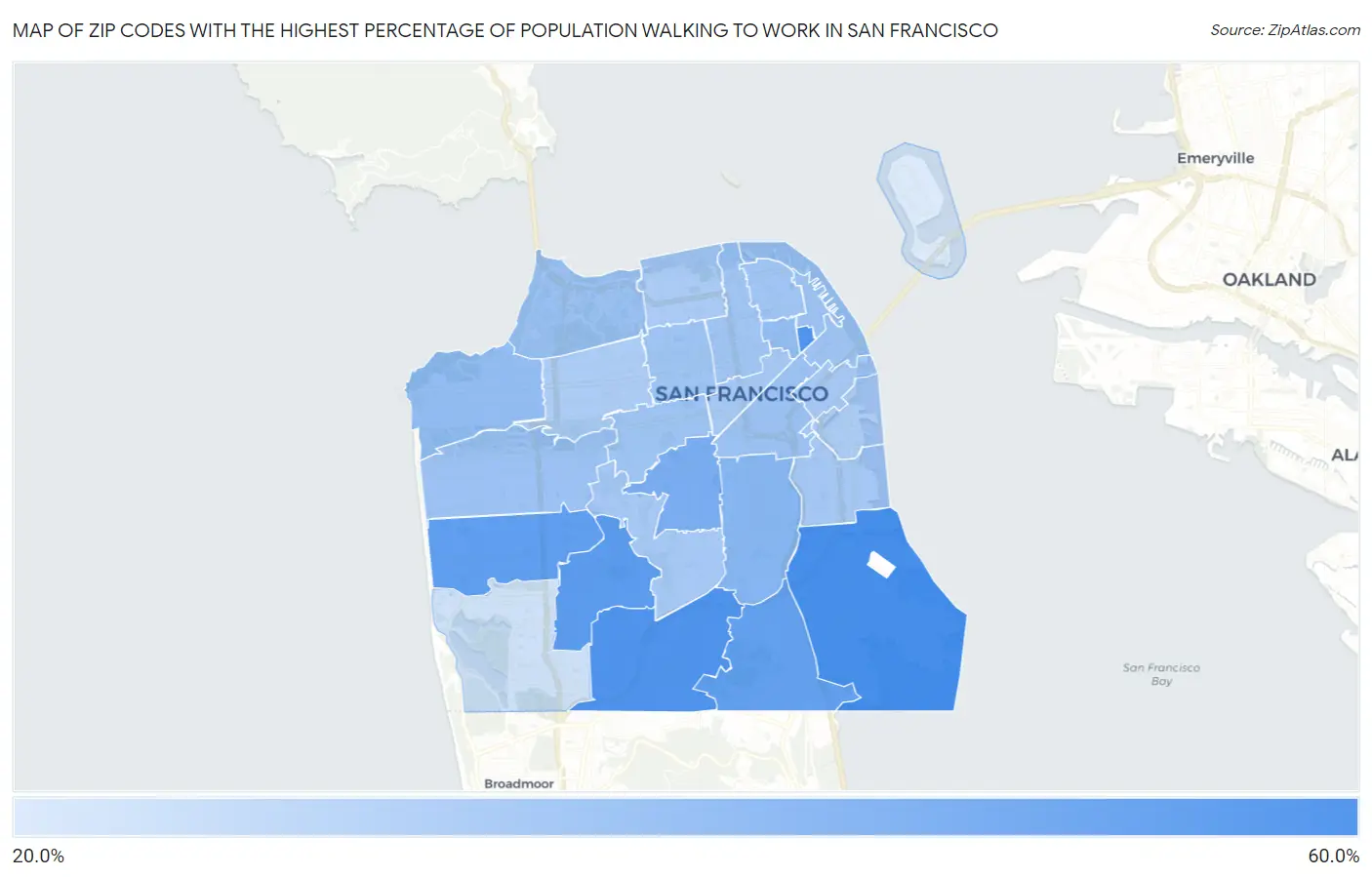 Zip Codes with the Highest Percentage of Population Walking to Work in San Francisco Map