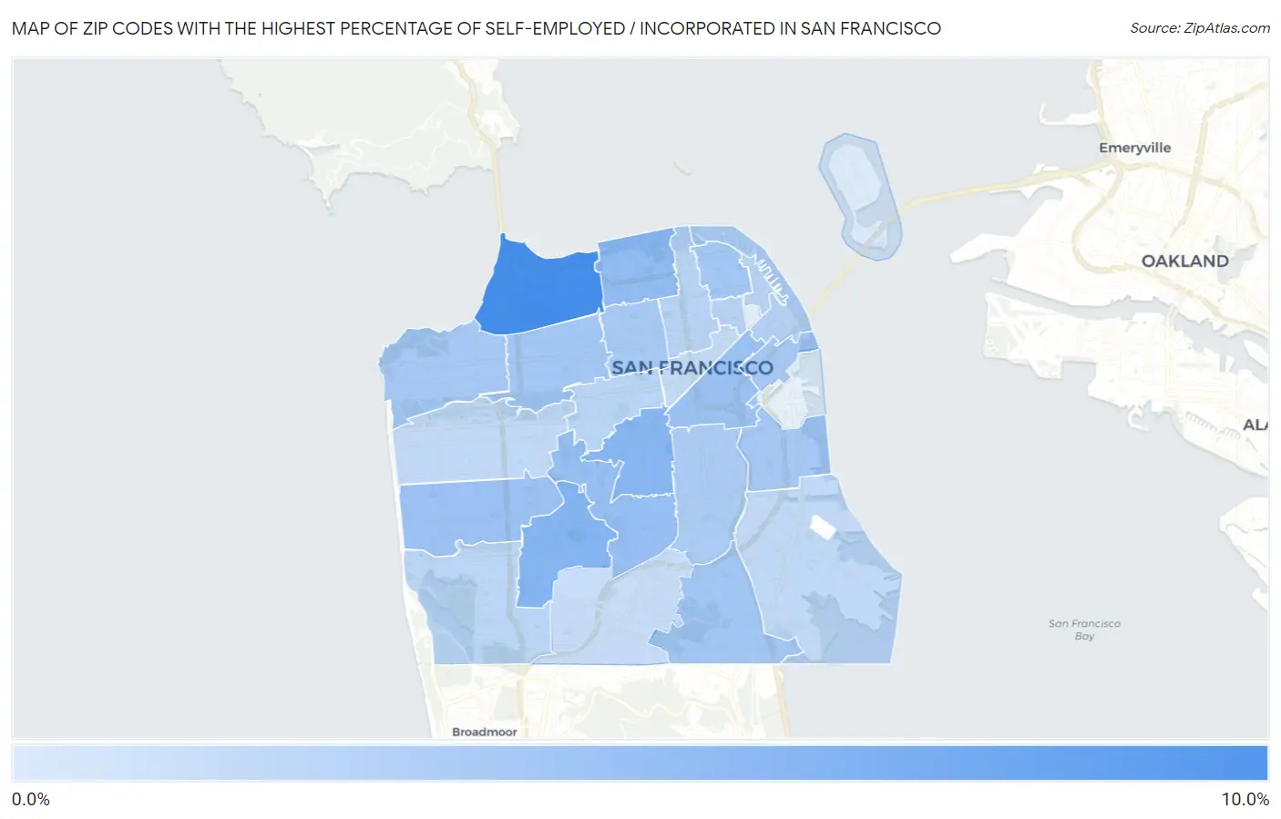 Zip Codes with the Highest Percentage of Self-Employed / Incorporated in San Francisco Map