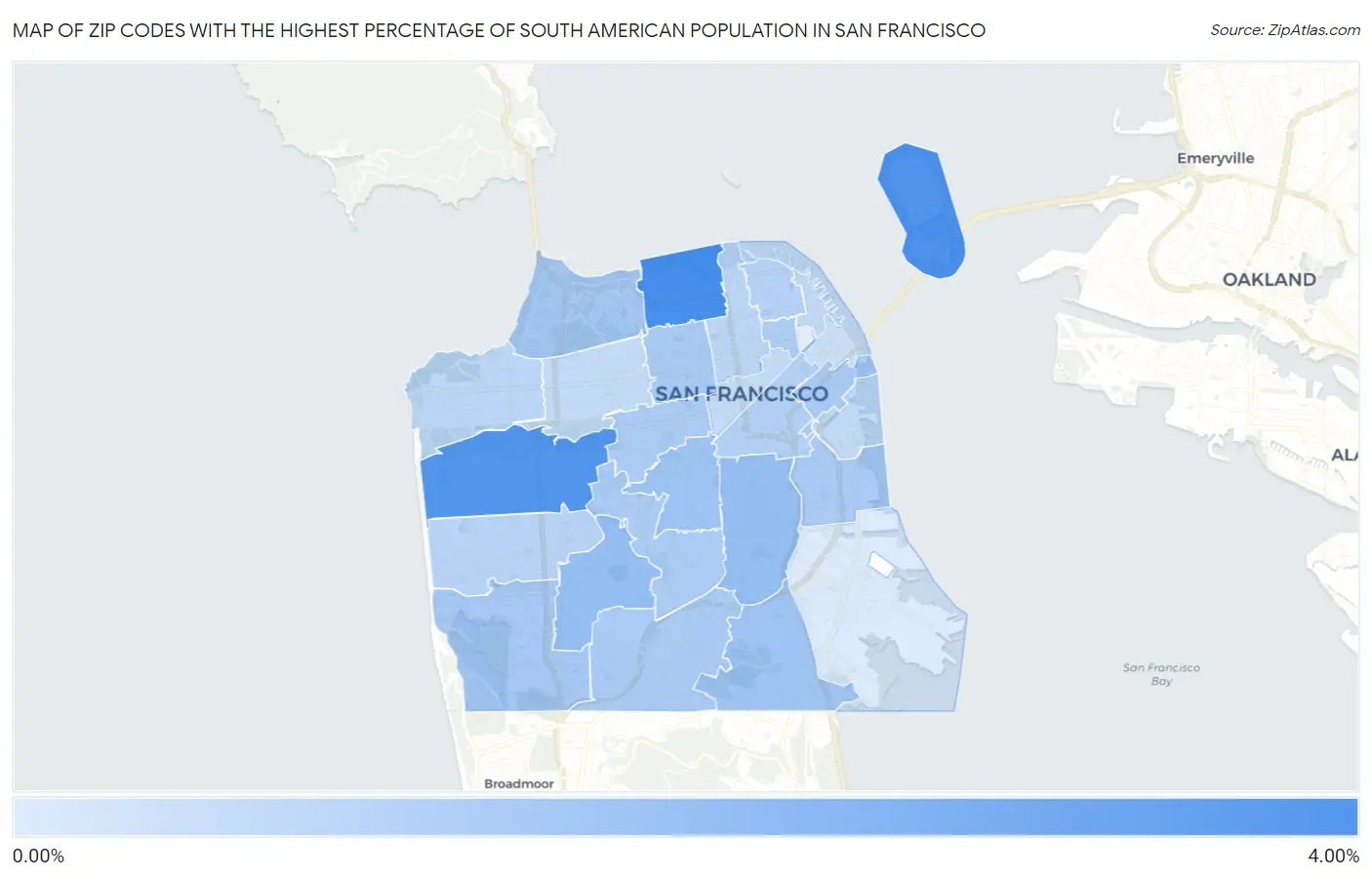 Zip Codes with the Highest Percentage of South American Population in San Francisco Map