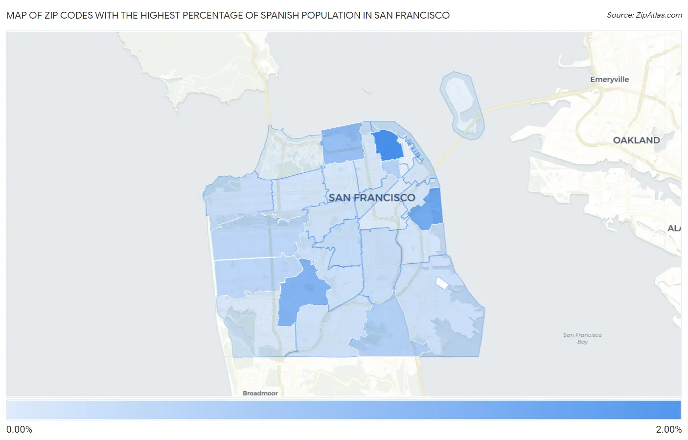 Zip Codes with the Highest Percentage of Spanish Population in San Francisco Map