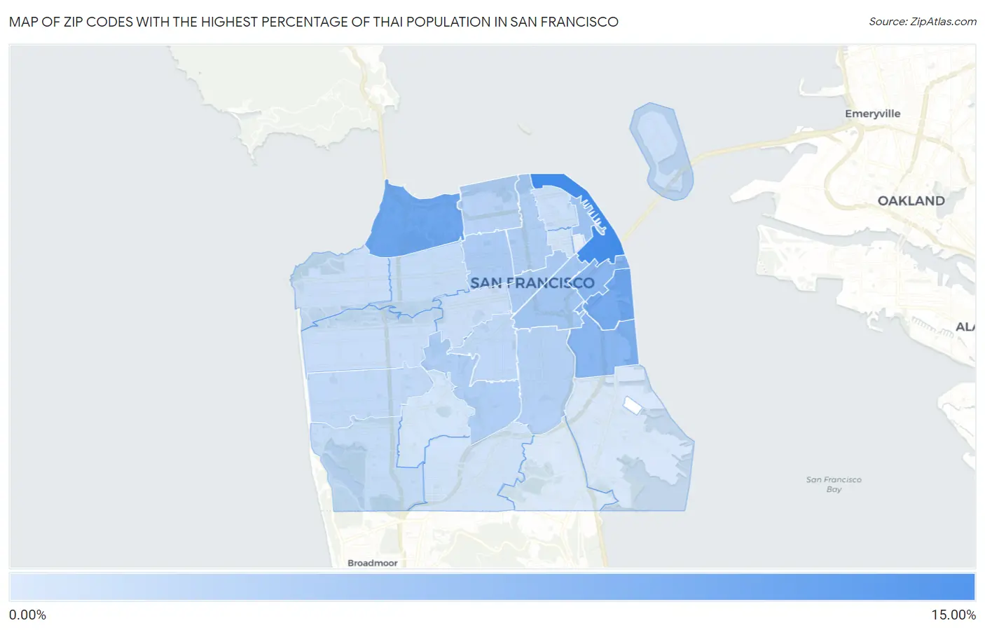 Zip Codes with the Highest Percentage of Thai Population in San Francisco Map