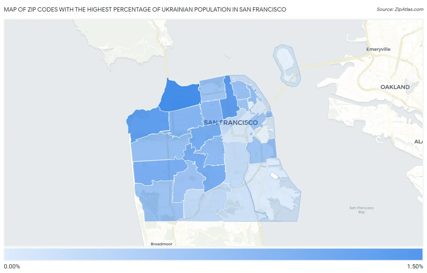 Zip Codes with the Highest Percentage of Ukrainian Population in San Francisco Map