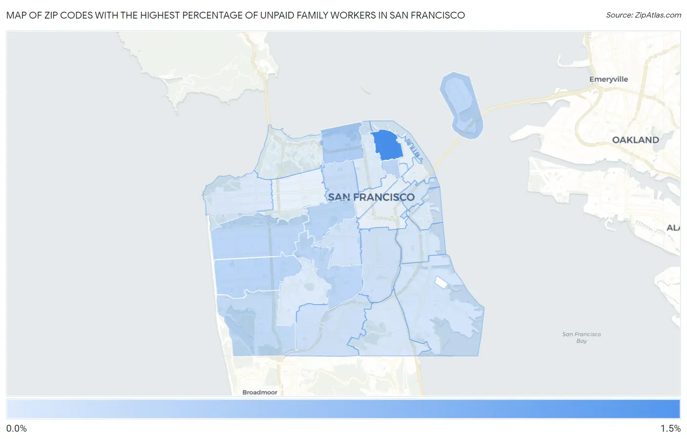 Zip Codes with the Highest Percentage of Unpaid Family Workers in San Francisco Map