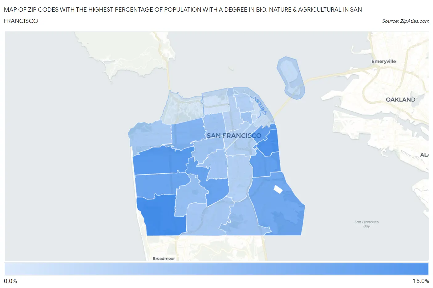 Zip Codes with the Highest Percentage of Population with a Degree in Bio, Nature & Agricultural in San Francisco Map