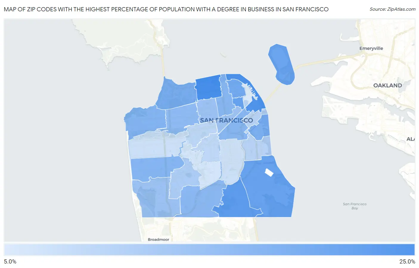 Zip Codes with the Highest Percentage of Population with a Degree in Business in San Francisco Map