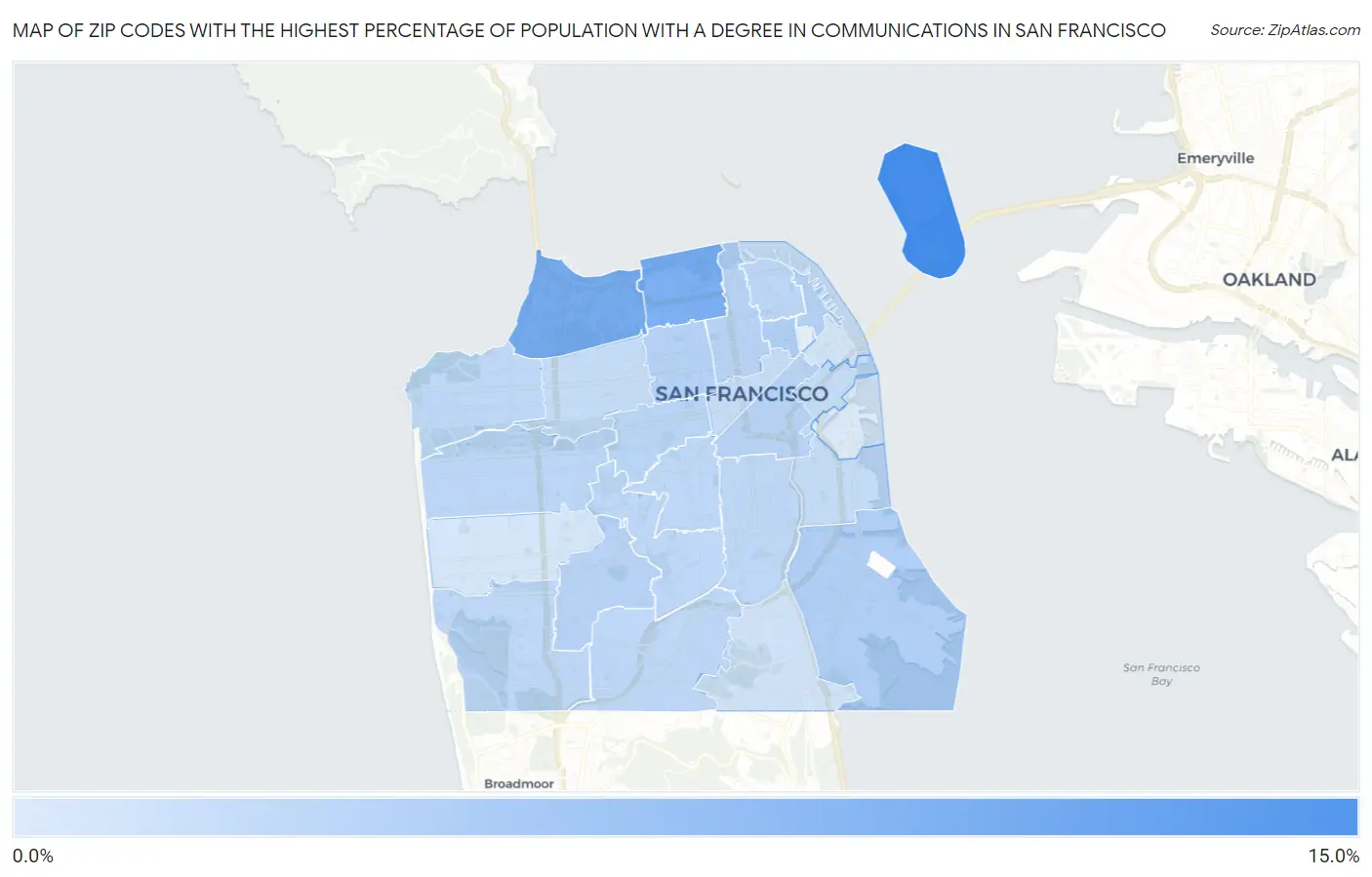 Zip Codes with the Highest Percentage of Population with a Degree in Communications in San Francisco Map