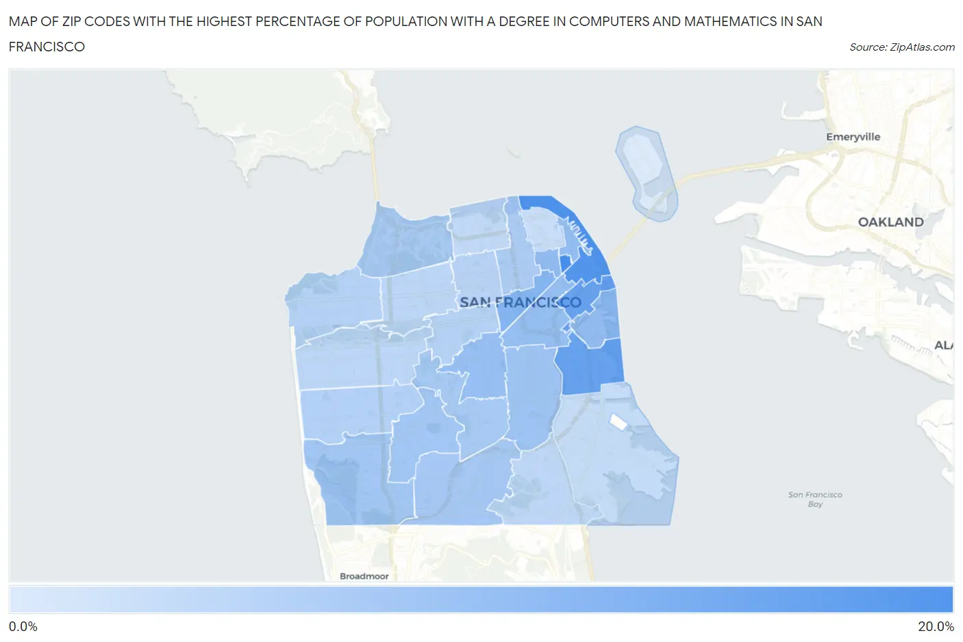 Zip Codes with the Highest Percentage of Population with a Degree in Computers and Mathematics in San Francisco Map