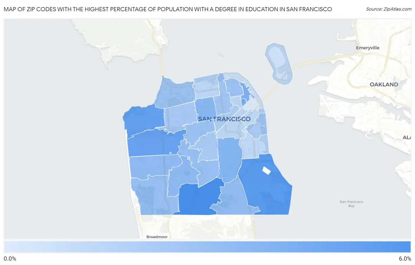 Zip Codes with the Highest Percentage of Population with a Degree in Education in San Francisco Map
