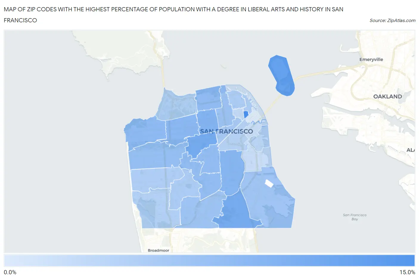 Zip Codes with the Highest Percentage of Population with a Degree in Liberal Arts and History in San Francisco Map