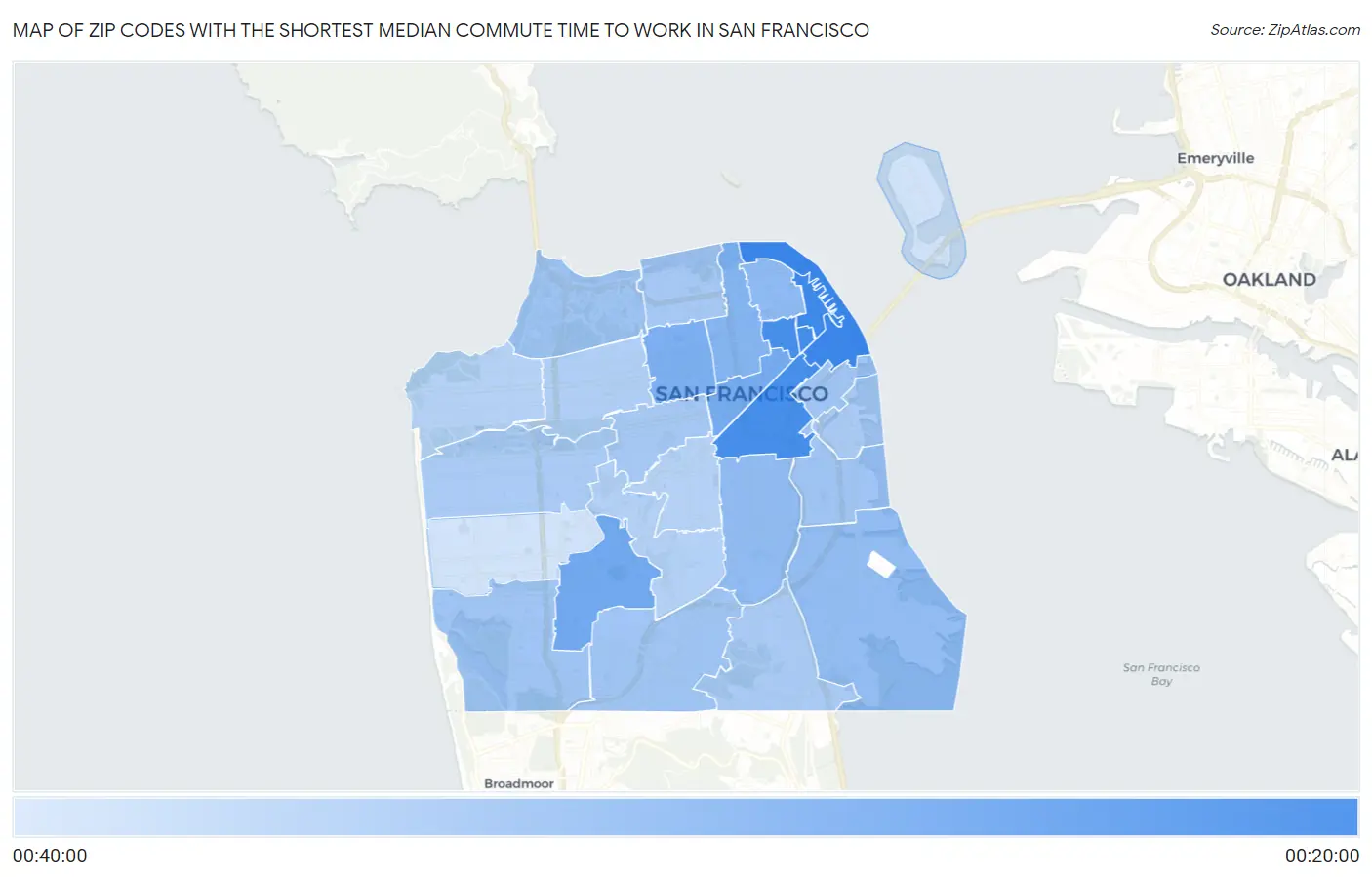 Zip Codes with the Shortest Median Commute Time to Work in San Francisco Map