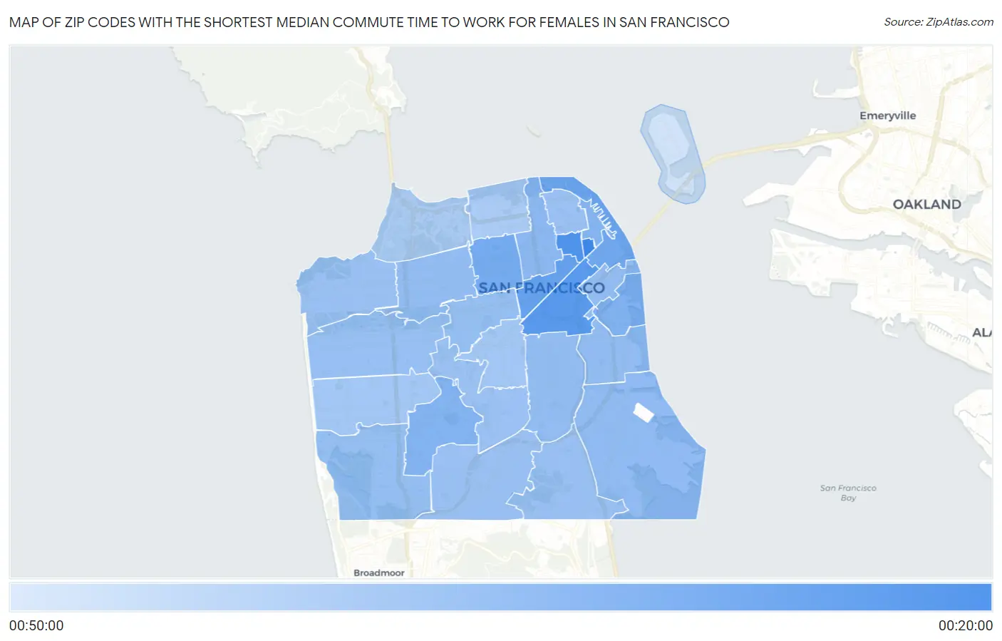 Zip Codes with the Shortest Median Commute Time to Work for Females in San Francisco Map
