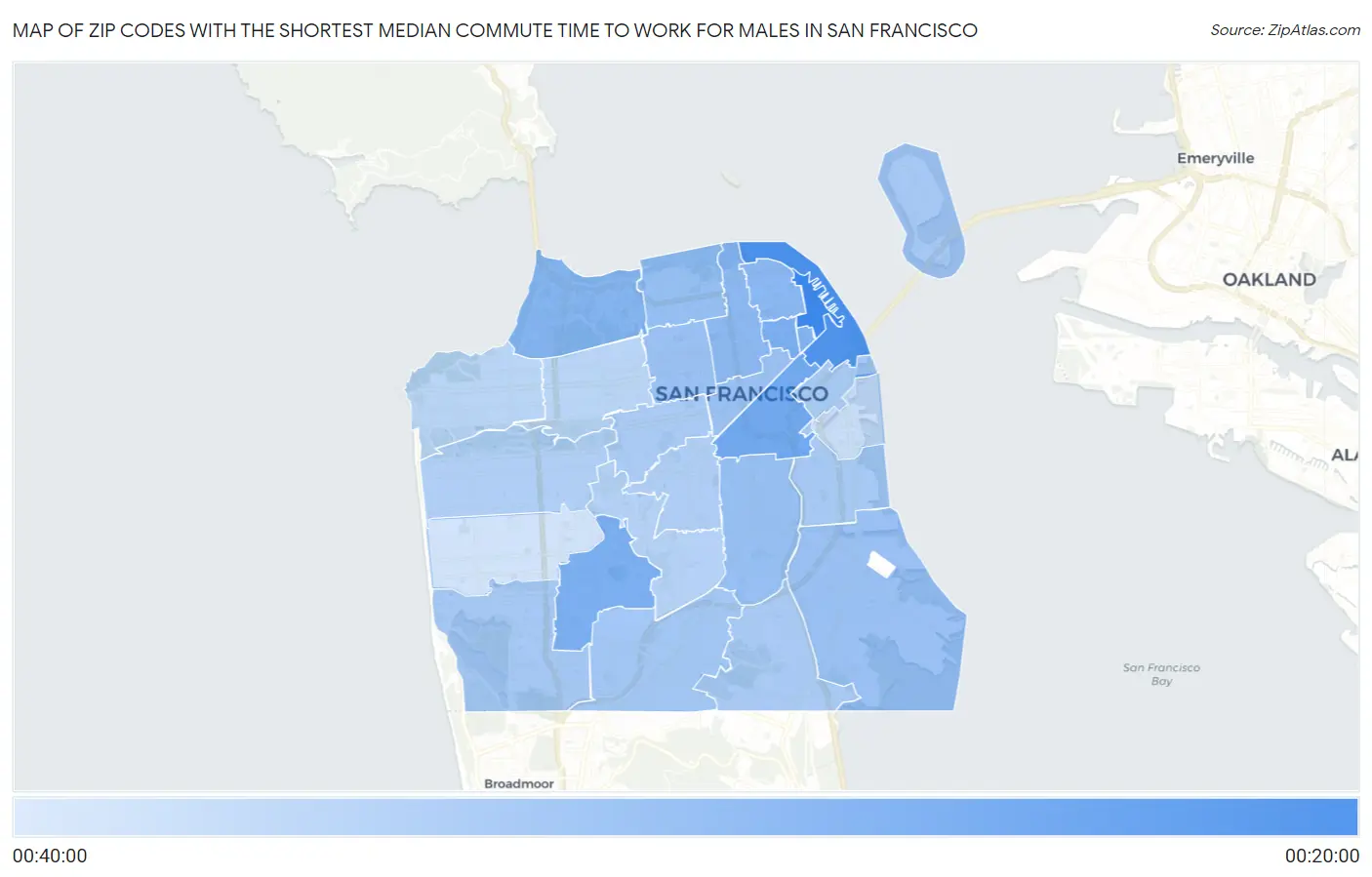 Zip Codes with the Shortest Median Commute Time to Work for Males in San Francisco Map