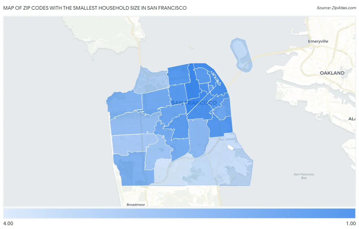 Zip Codes with the Smallest Household Size in San Francisco Map