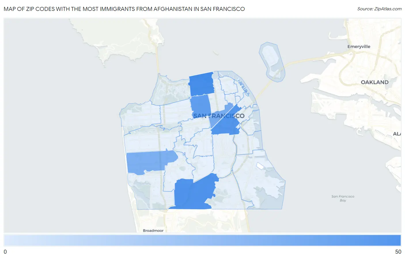 Zip Codes with the Most Immigrants from Afghanistan in San Francisco Map