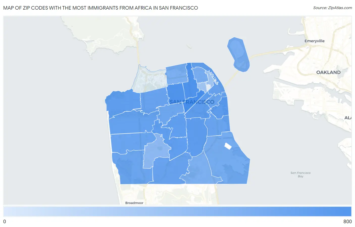 Zip Codes with the Most Immigrants from Africa in San Francisco Map