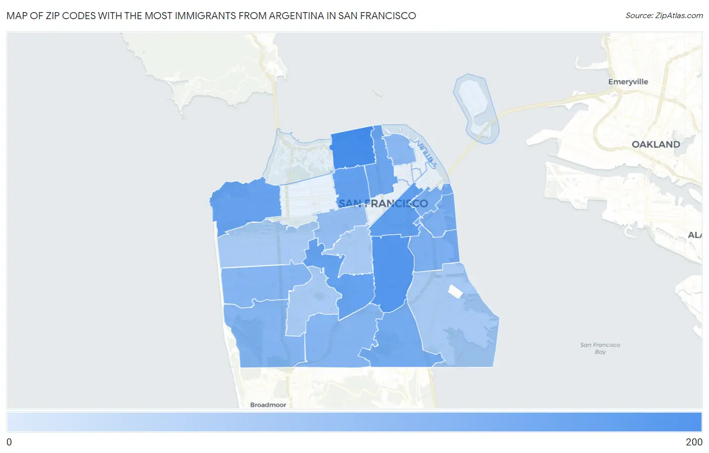 Zip Codes with the Most Immigrants from Argentina in San Francisco Map