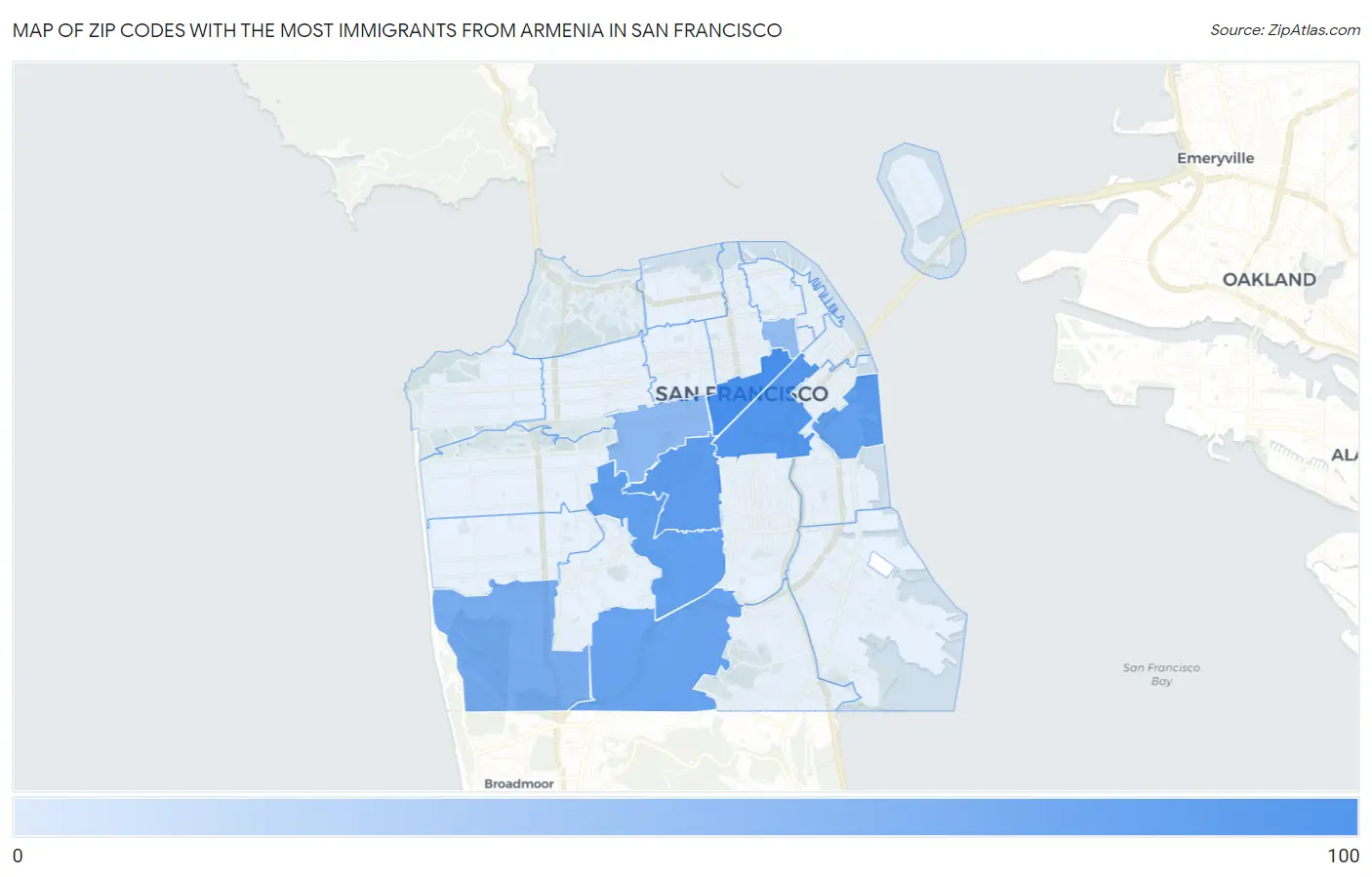 Zip Codes with the Most Immigrants from Armenia in San Francisco Map