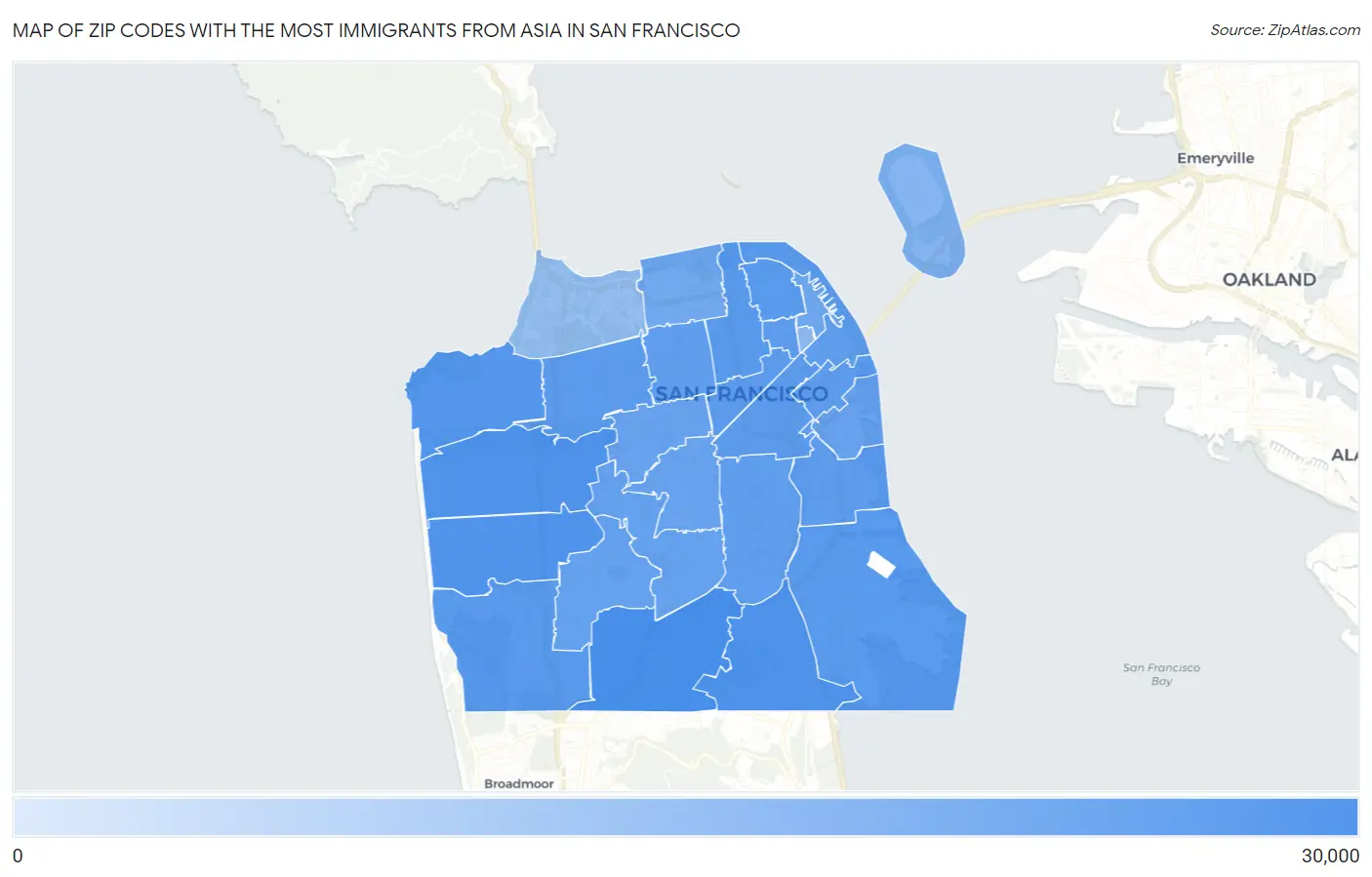 Zip Codes with the Most Immigrants from Asia in San Francisco Map