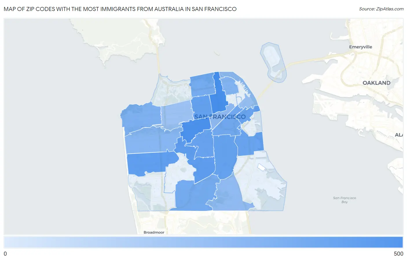 Zip Codes with the Most Immigrants from Australia in San Francisco Map