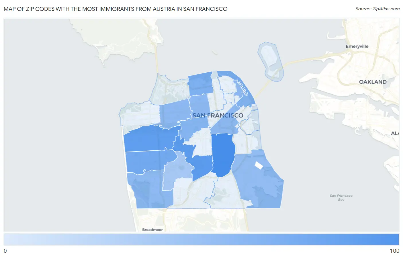 Zip Codes with the Most Immigrants from Austria in San Francisco Map