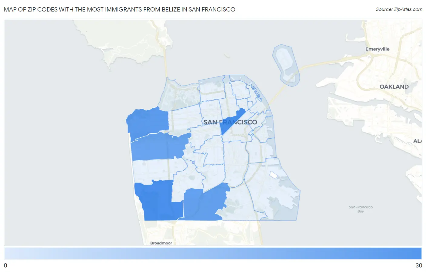 Zip Codes with the Most Immigrants from Belize in San Francisco Map