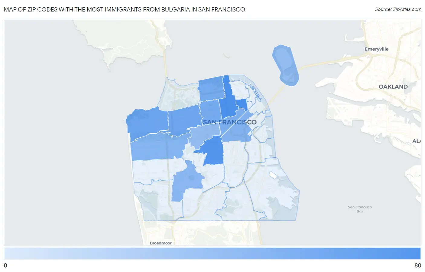 Zip Codes with the Most Immigrants from Bulgaria in San Francisco Map