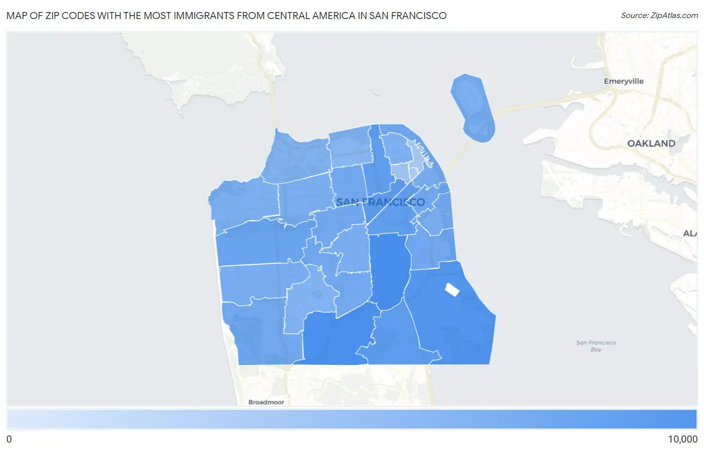 Zip Codes with the Most Immigrants from Central America in San Francisco Map